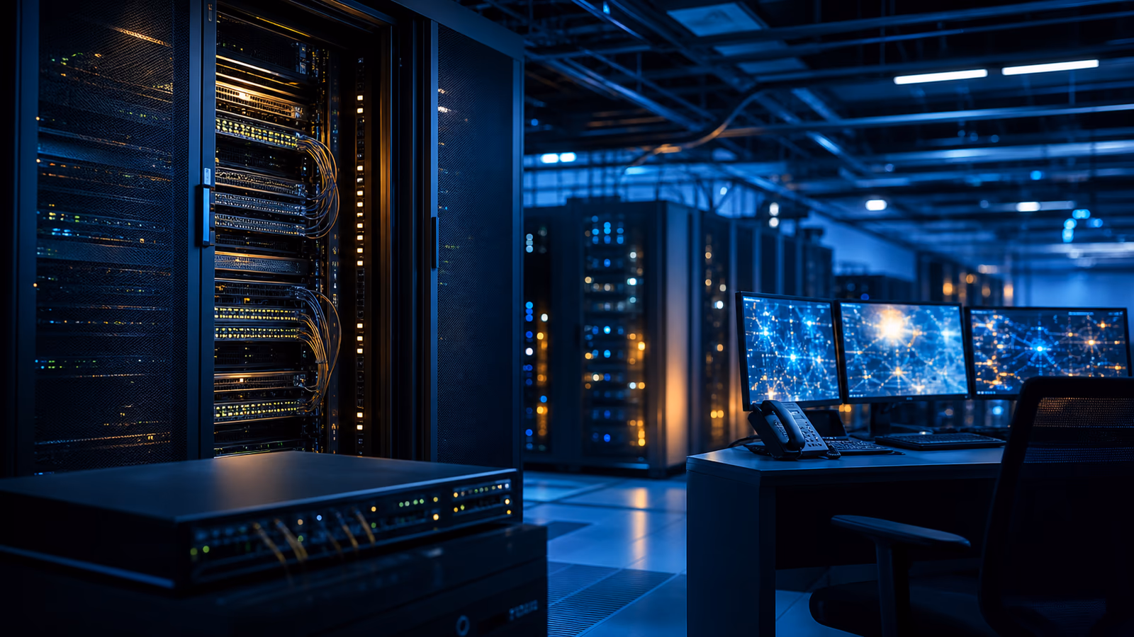 Secure data center with server racks, network operations screens, and edge-compute equipment.