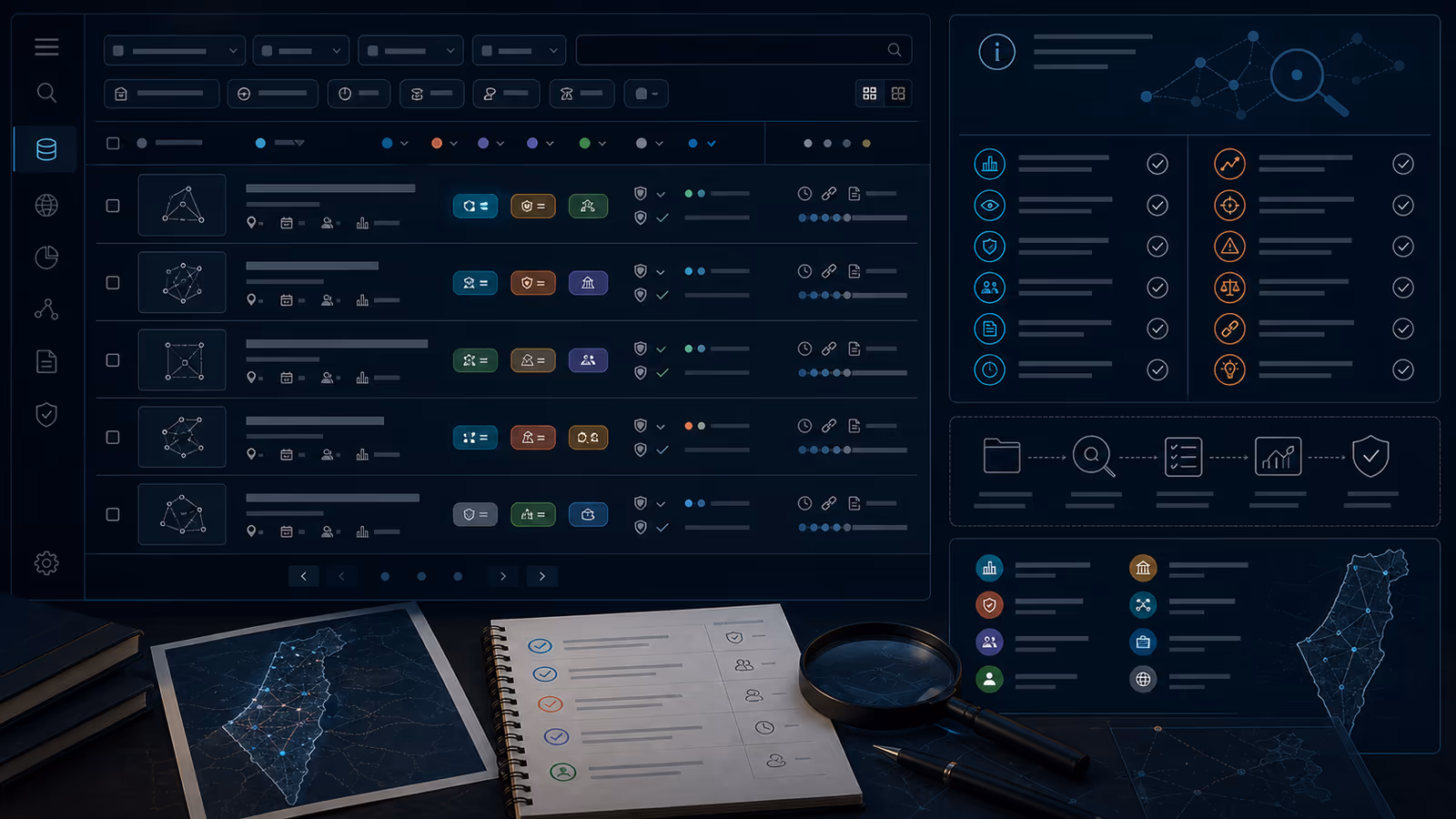 Abstract database interface with entity-type badges, source verification icons, timestamp markers, score-signal dots, and diligence checklist panels.