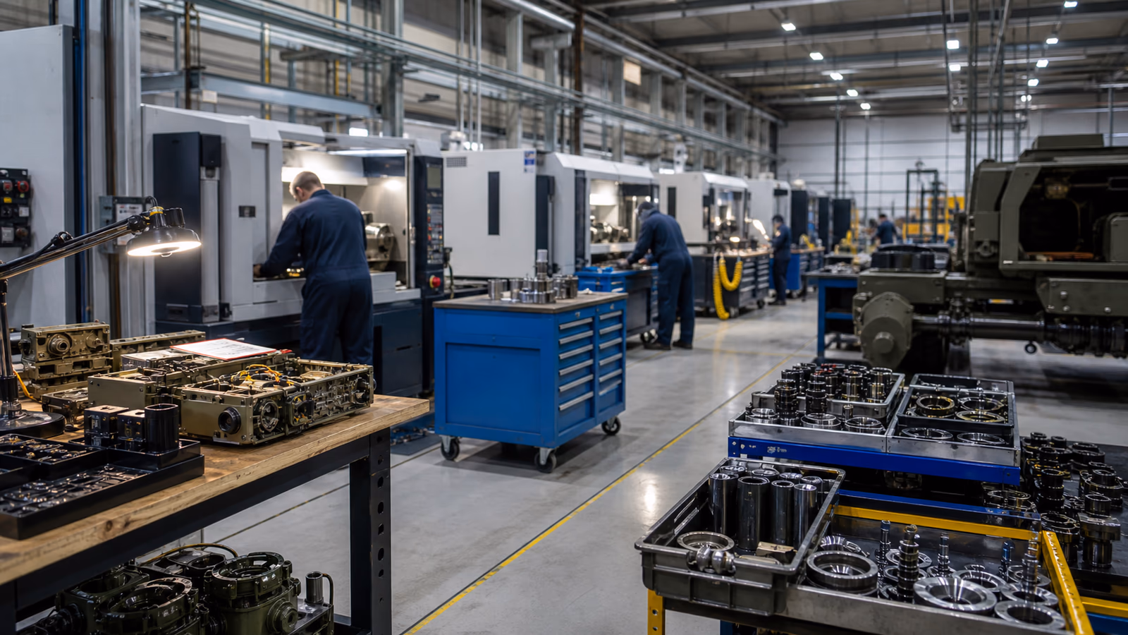 Precision manufacturing floor with maintenance benches, spare parts, and ruggedized electronics.