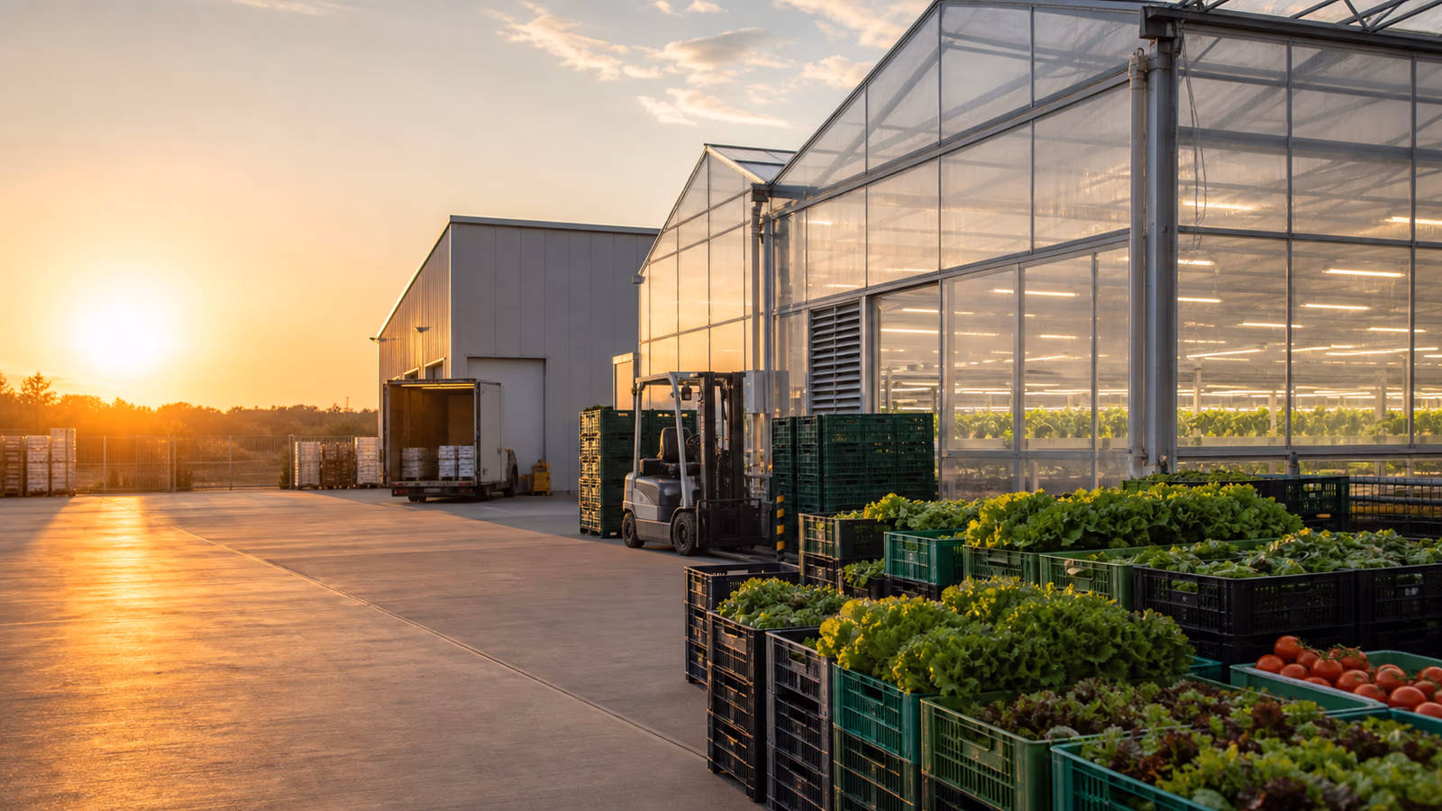 Climate-controlled greenhouse beside crates of fresh produce and cold-chain loading equipment.