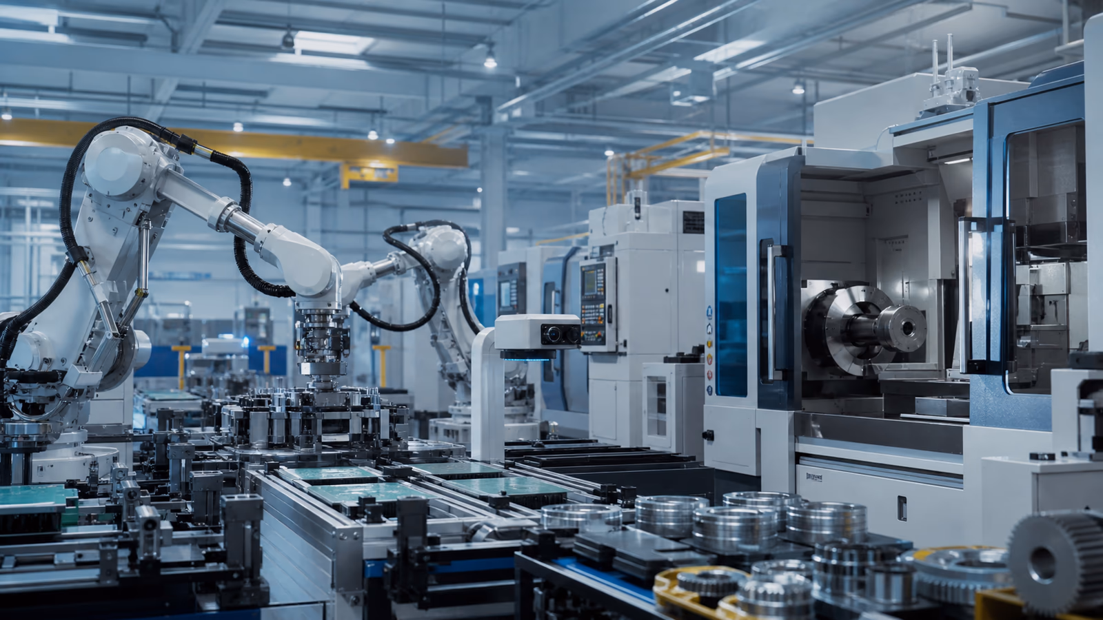 Automated factory floor with robot arms, CNC machines, and precision inspection stations.