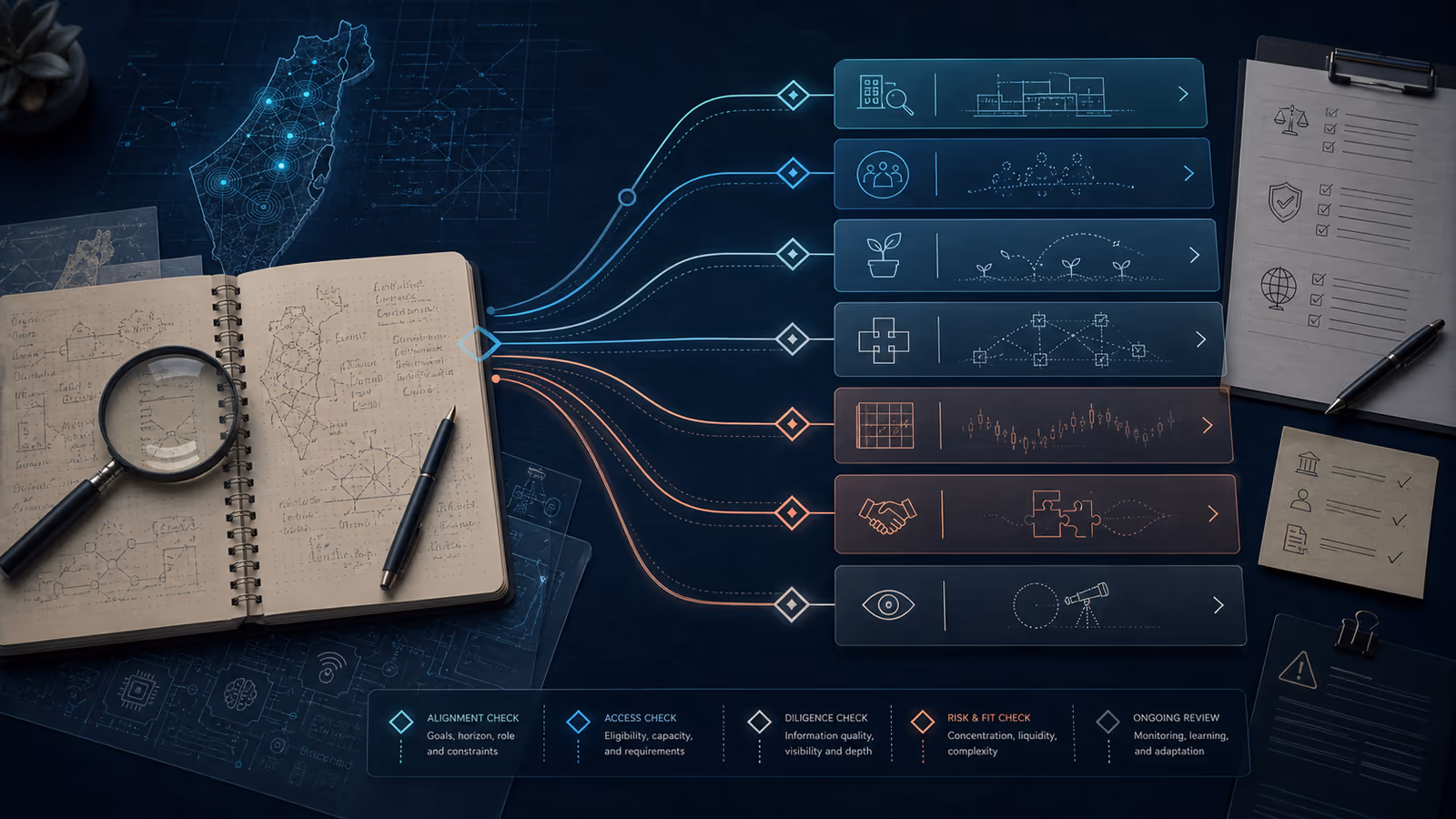 Branching investor exposure routes from a research notebook into direct company, fund, public-market, partnership, and watchlist paths.