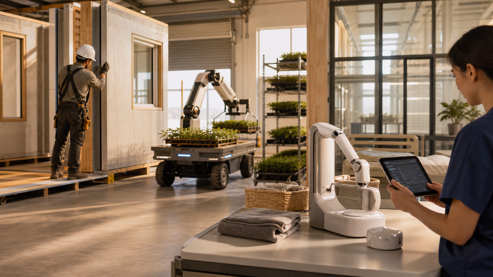 Innovation facility with construction robotics, crop automation, and remote care equipment.