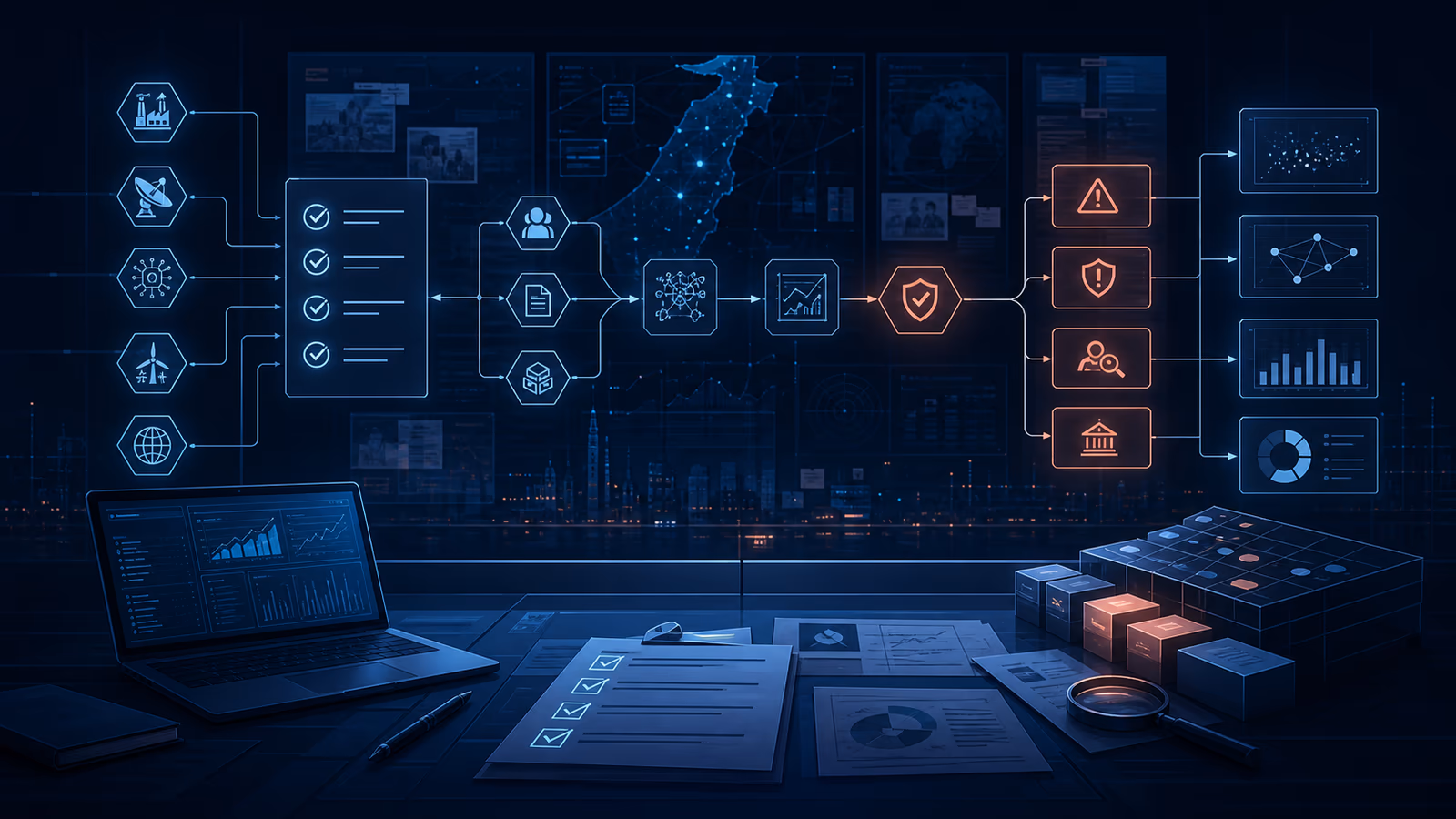 Analytical desk with structured evaluation boards, signal-vs-noise charts, documents, and secure technology motifs.