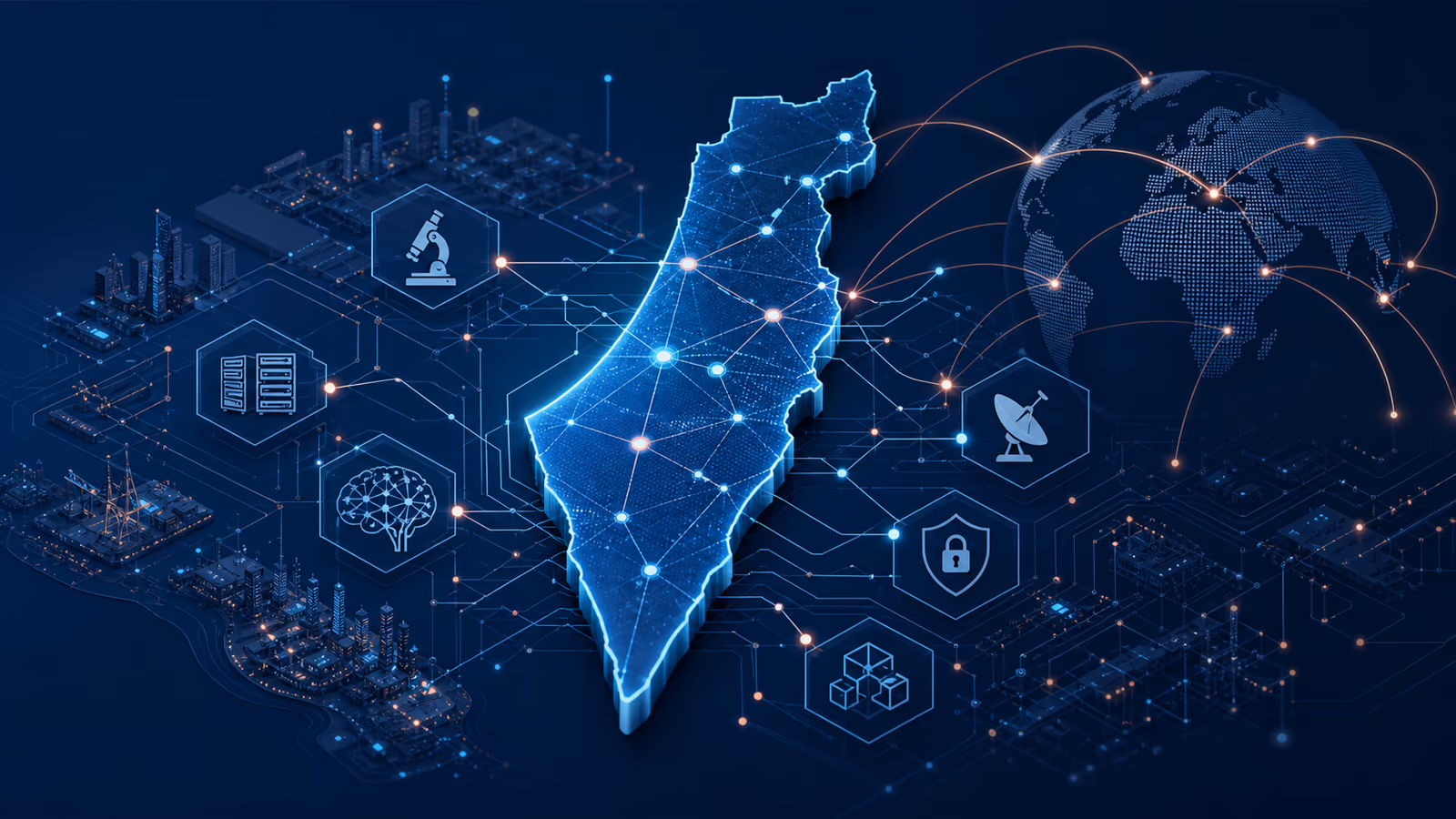 Editorial illustration of Israel as a networked technology and capital map connected to research, defense, infrastructure, and global markets.