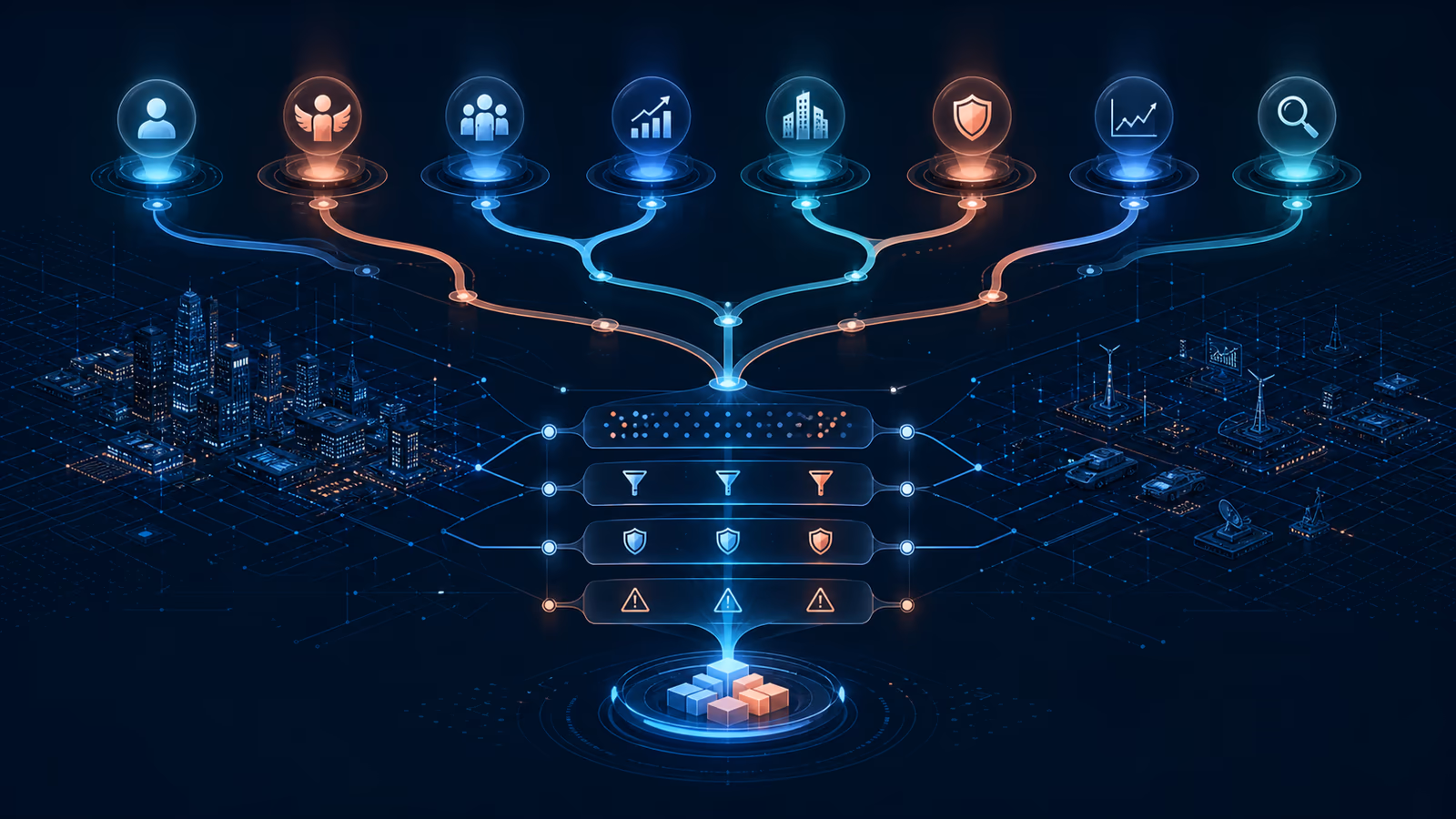 Branching decision tree of capital flows, portfolio nodes, public-market routes, strategic partnerships, and diligence gates.