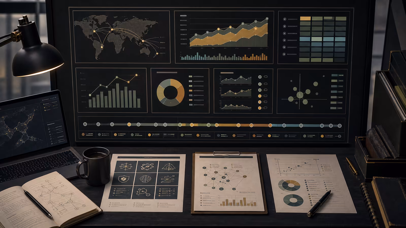 Generated market signal dashboard with abstract panels for funding climate, sector concentration, exits, follow-on risk, and valuation gaps.