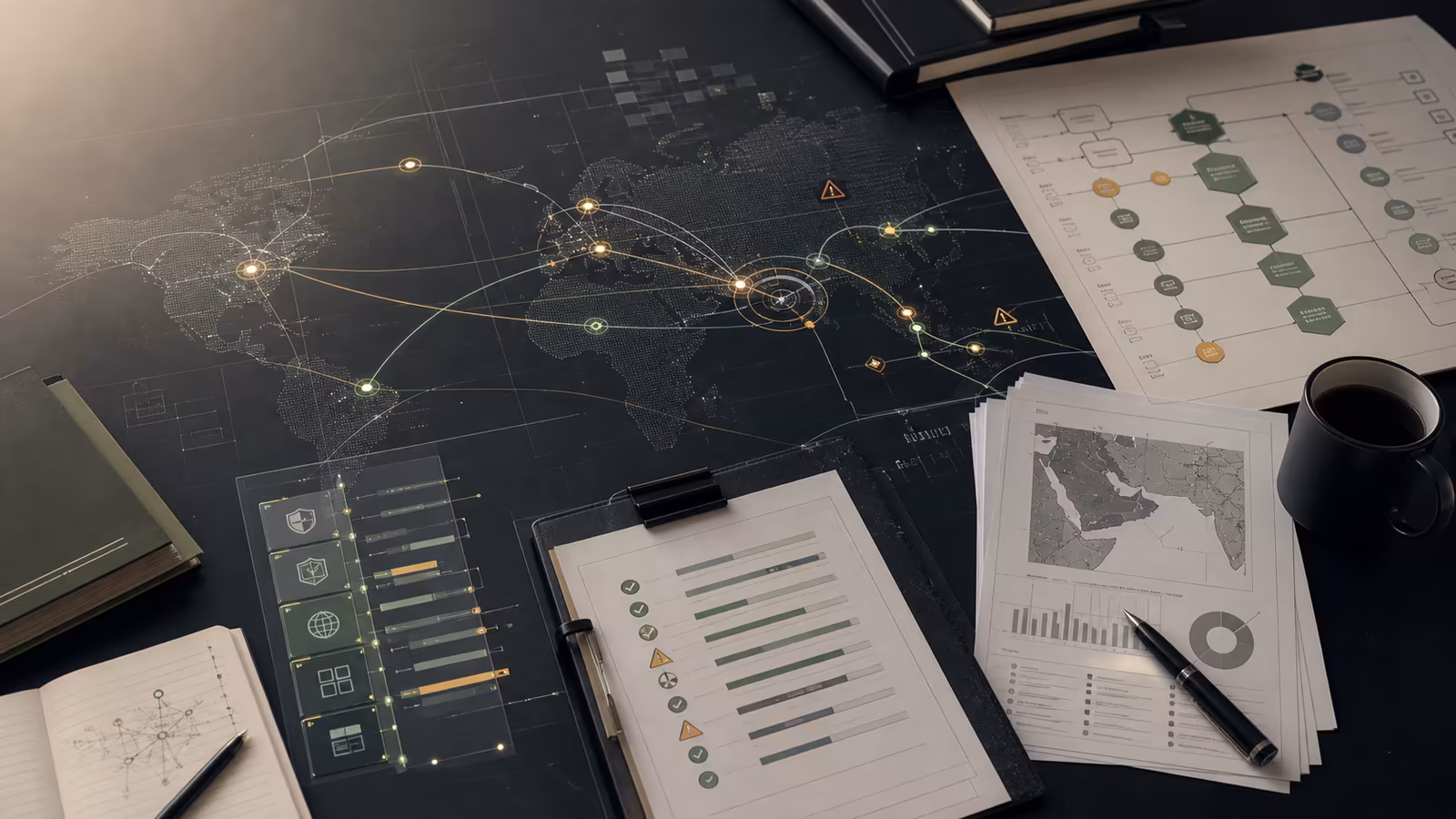 Generated editorial risk-control scene with compliance documents, cross-border data paths, export-control checkpoints, and strategic technology nodes.