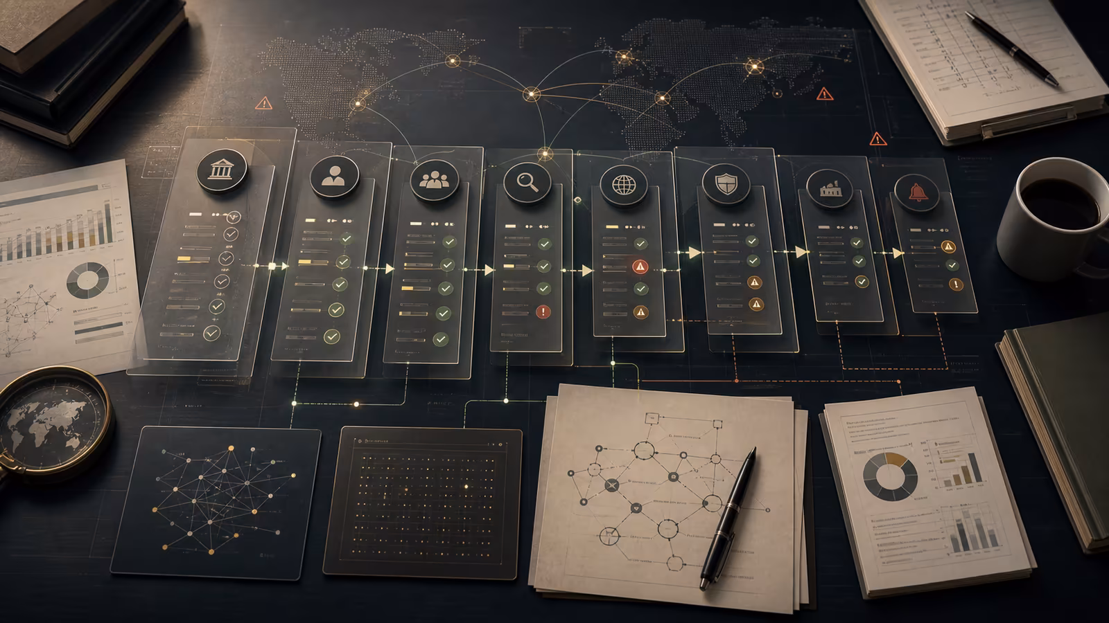 Generated risk-stack workflow with private investment, eligibility, KYC, sanctions, data, export-control, procurement, and reputation gates.
