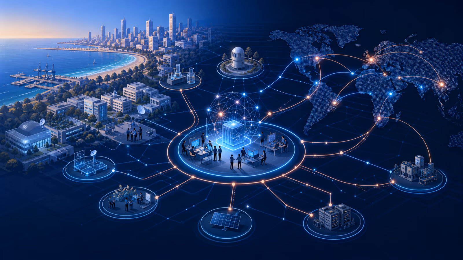 Networked Israeli technology ecosystem with city grid, research nodes, defense motifs, and global capital links.
