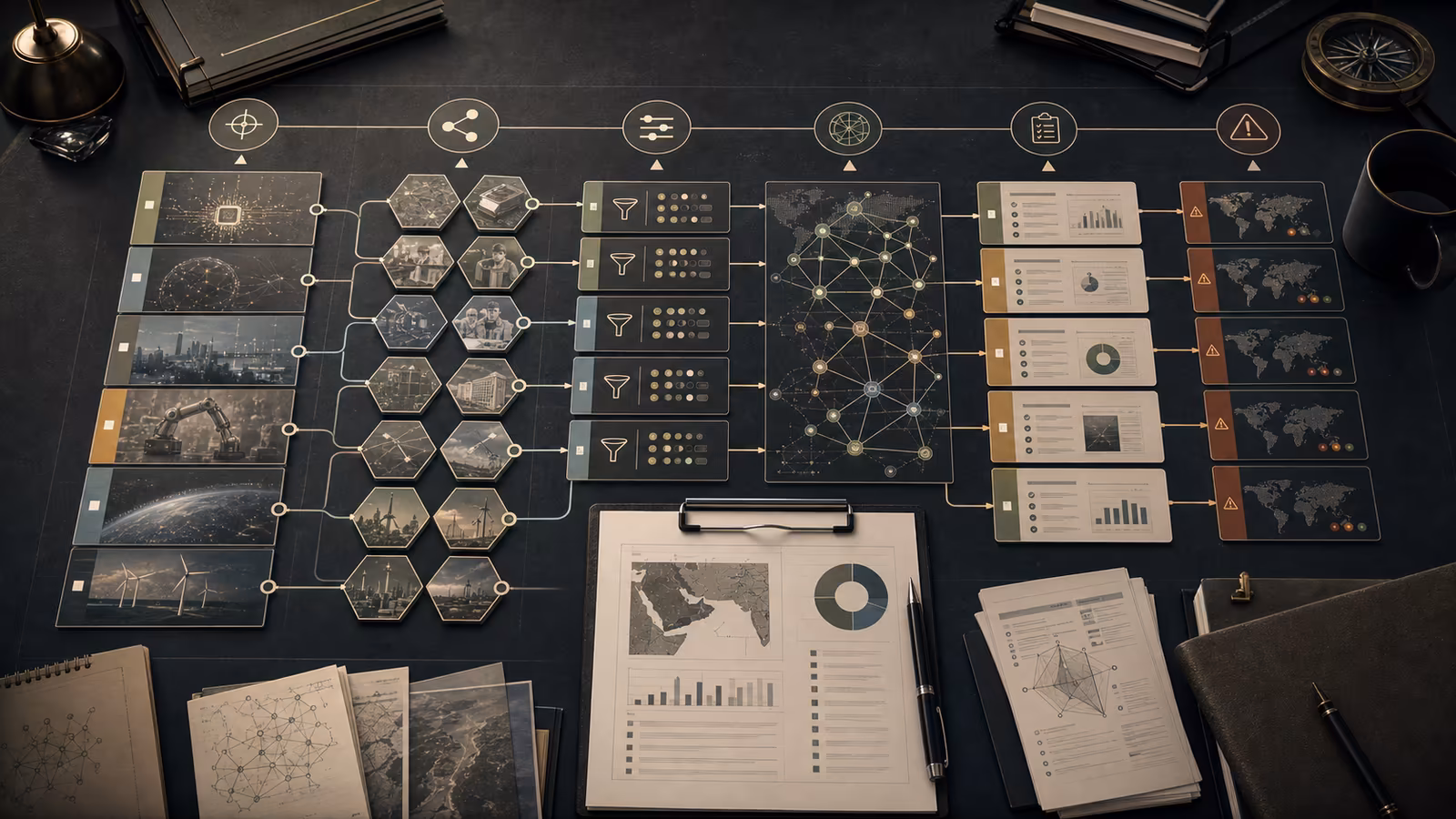Generated strategic research playlist map narrowing broad technology themes into sectors, atlas priorities, diligence questions, and risk checks.