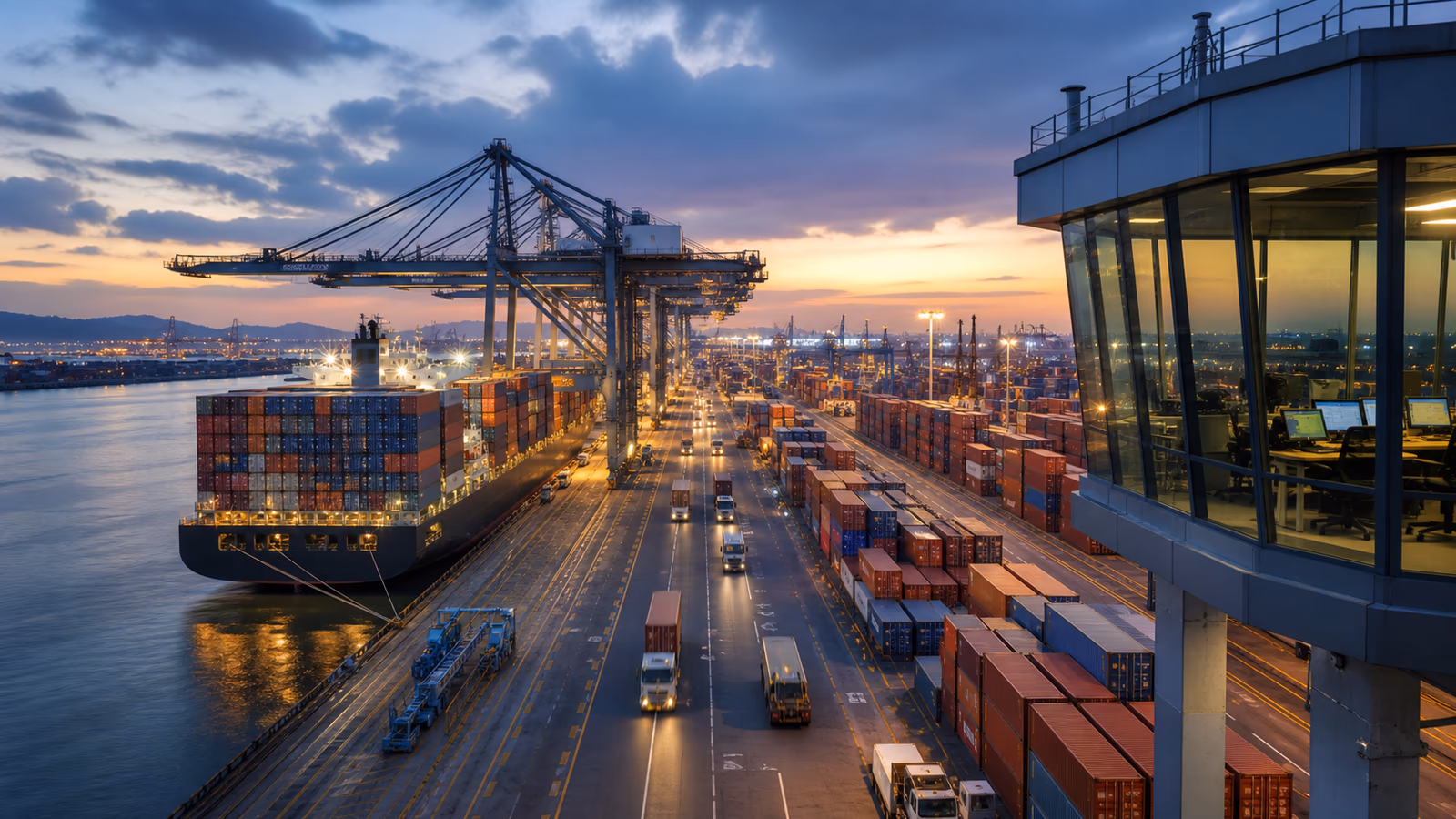 Container port with cranes, cargo vessel, and logistics lanes at dusk.