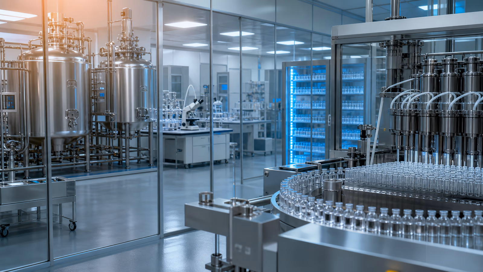 Sterile pharmaceutical manufacturing suite with bioreactors, filling lines, and cold-chain storage.