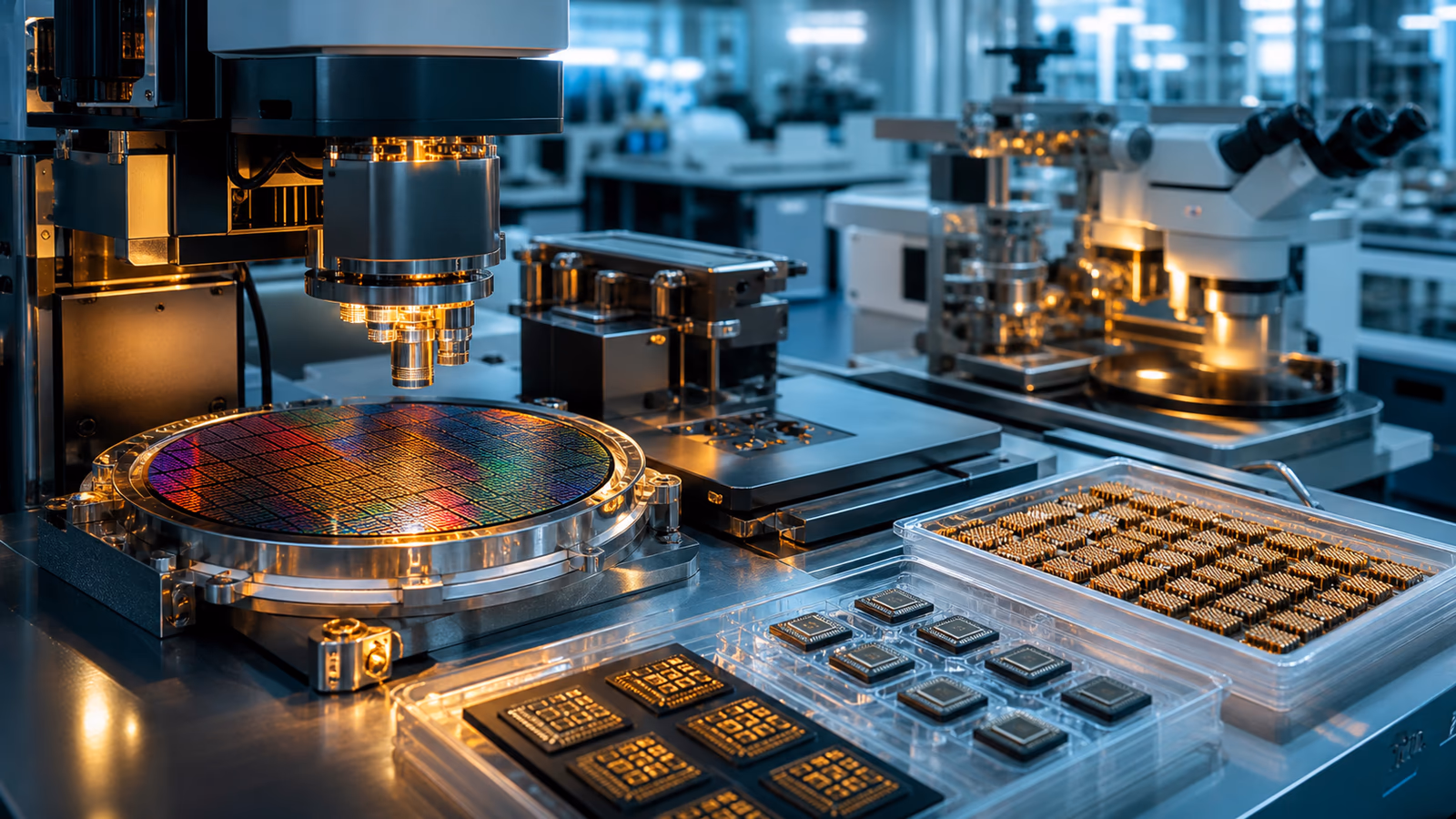 Microelectronics lab with wafer inspection tools, chip trays, and photonics test equipment.